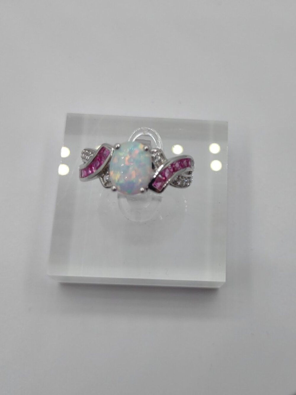 Opal + Pink Sapphires Ring - Sz 7.25 Sterling Silver 925 Signed SUN